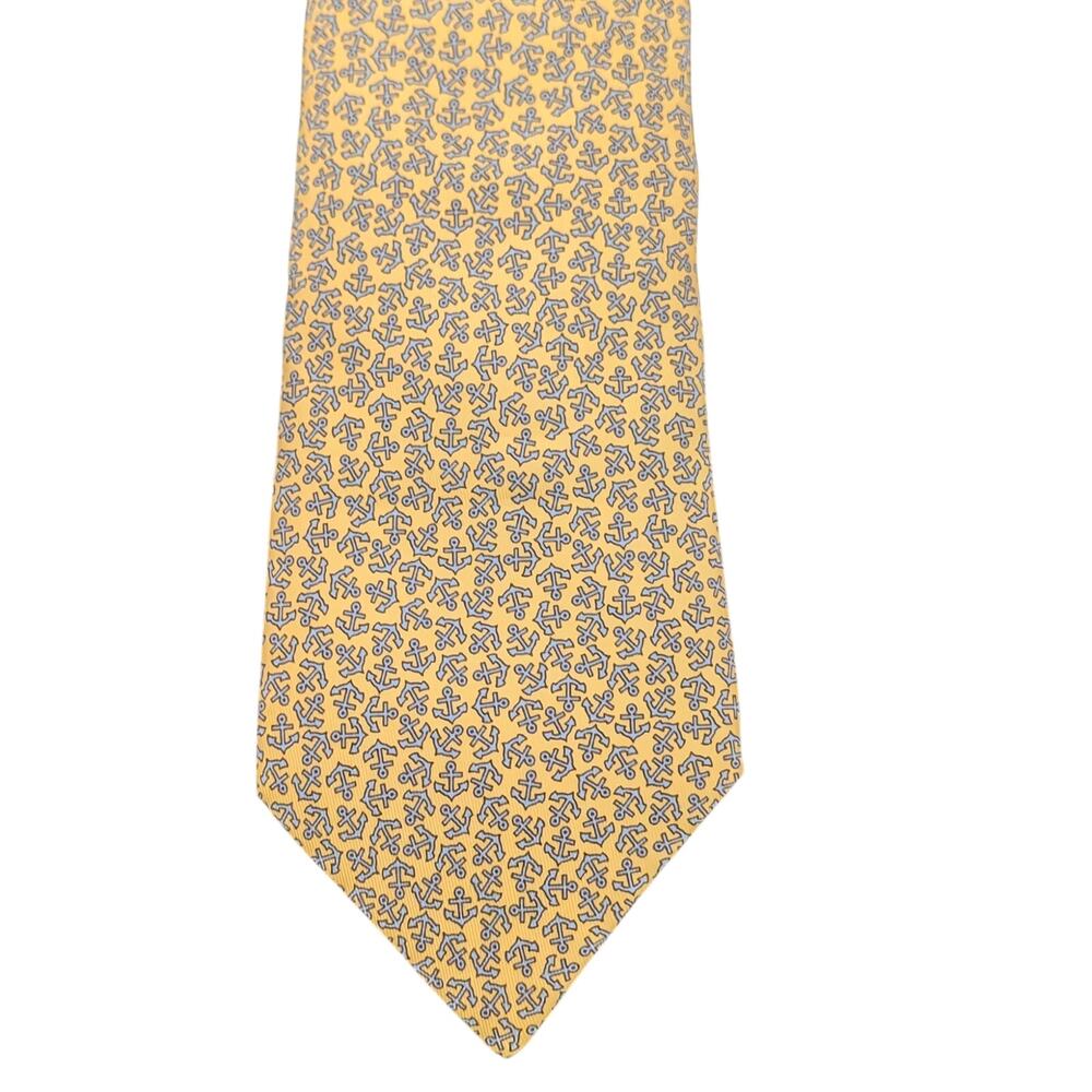Vintage Hermès 100% Silk Men's Yellow Tie With Blue Anchors 5165 IA